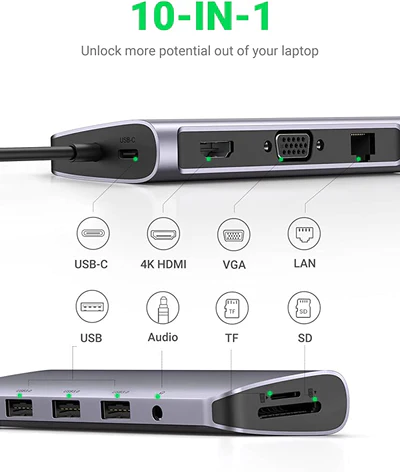 Ugreen USB-C Multi-Port Hub 3xUSB + HDMI1.4 + VGA + RJ45 + Card Reader + 1xUSB-C with Power Delivery 4